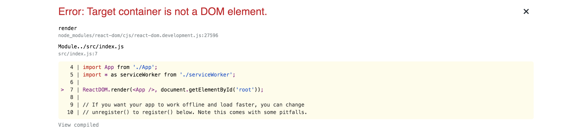 Mensaje de error con la leyenda "Target container is not a DOM element"