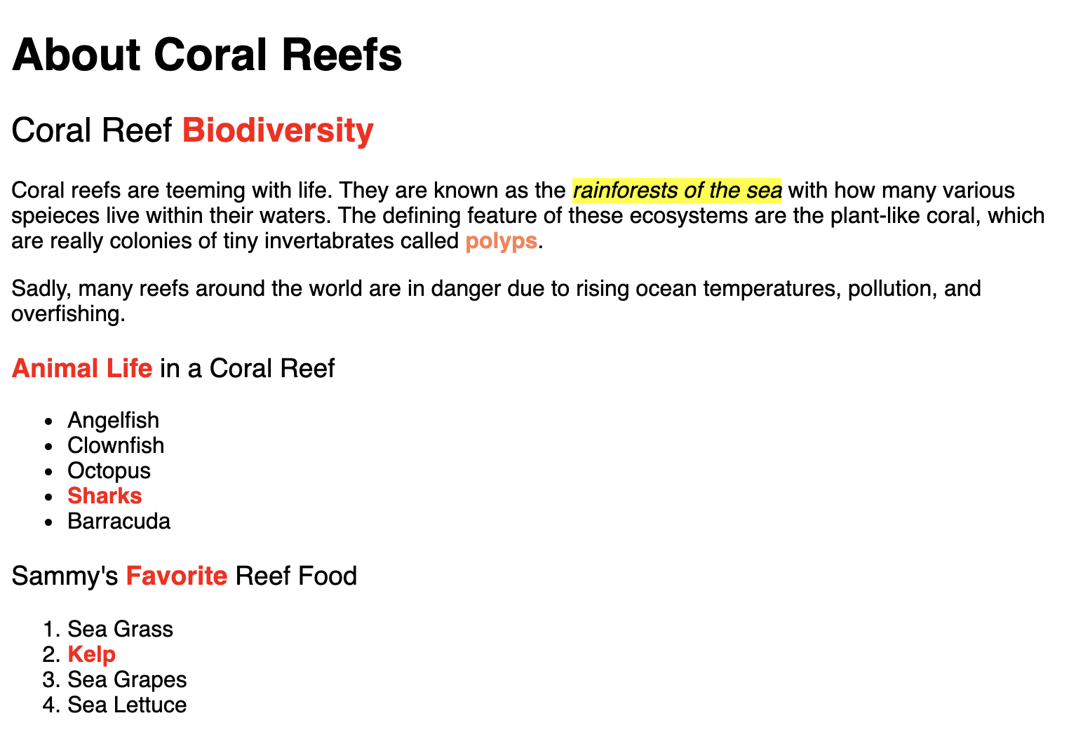 Content of website in a black sans-serif font, with bold content in red and italic content with a yellow background, except the bold content in a paragraph, which is light orange.