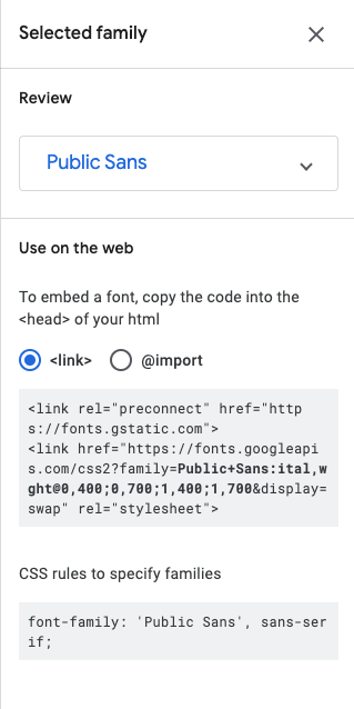 Selected font family tool, with the HTML and CSS lines needed to use Public Sans.