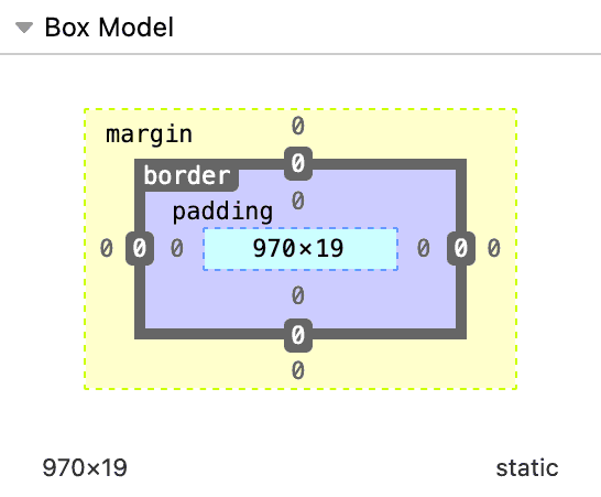 Diagram of the box model with defined boxes from the outer most to inner most as margin, border, and padding, all set to 0 with a computed width and height of 970 by 19.