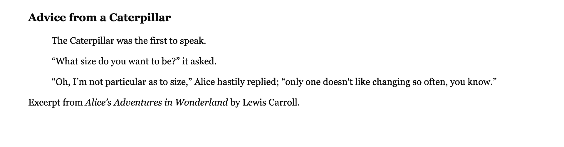 Text selection in a default serif font in black with a larger, bold header, an indented quotation, and citation of the quote.