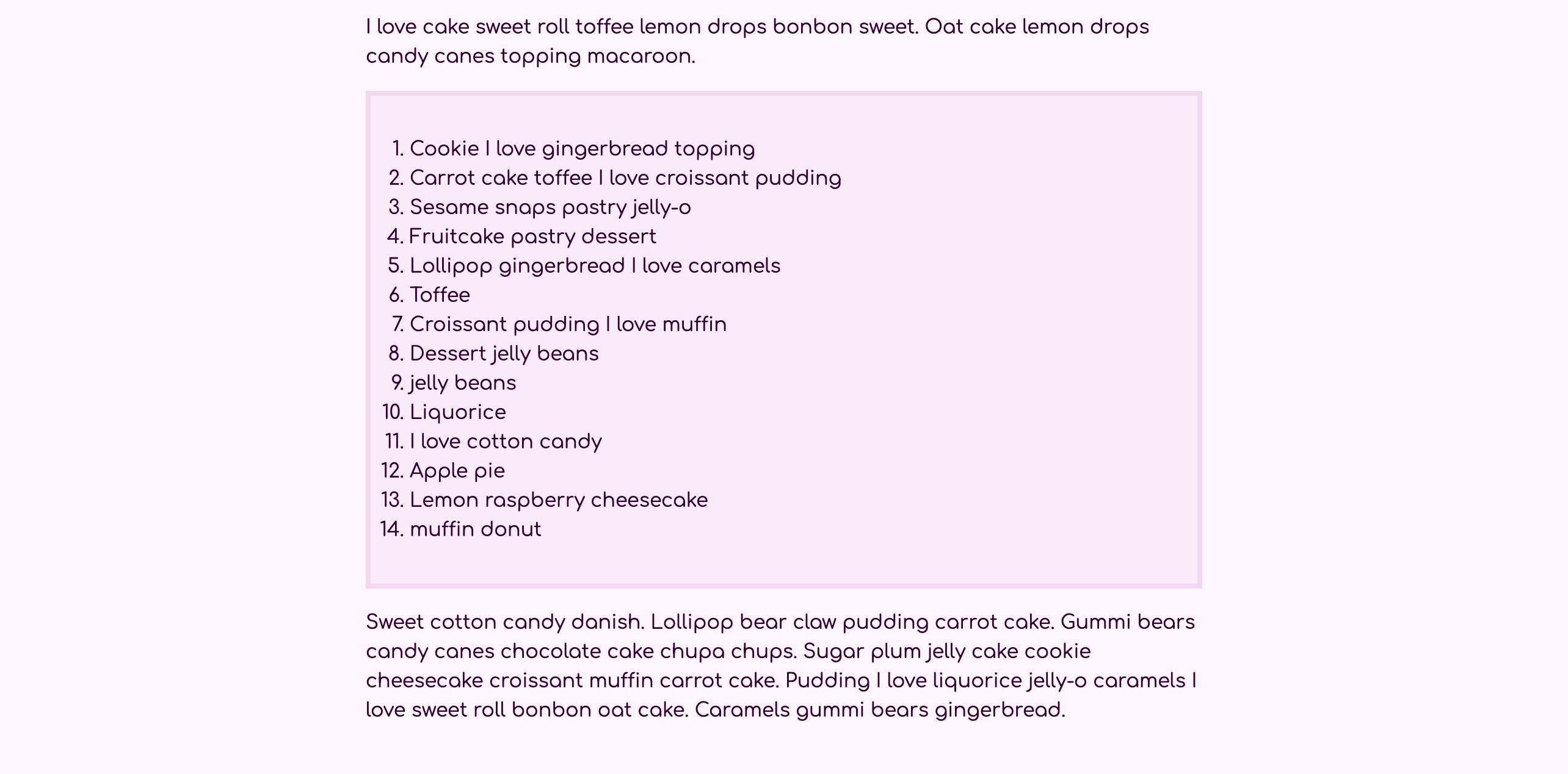 Numerical ordered list of content within a container with a light purple border and an even lighter purple background.