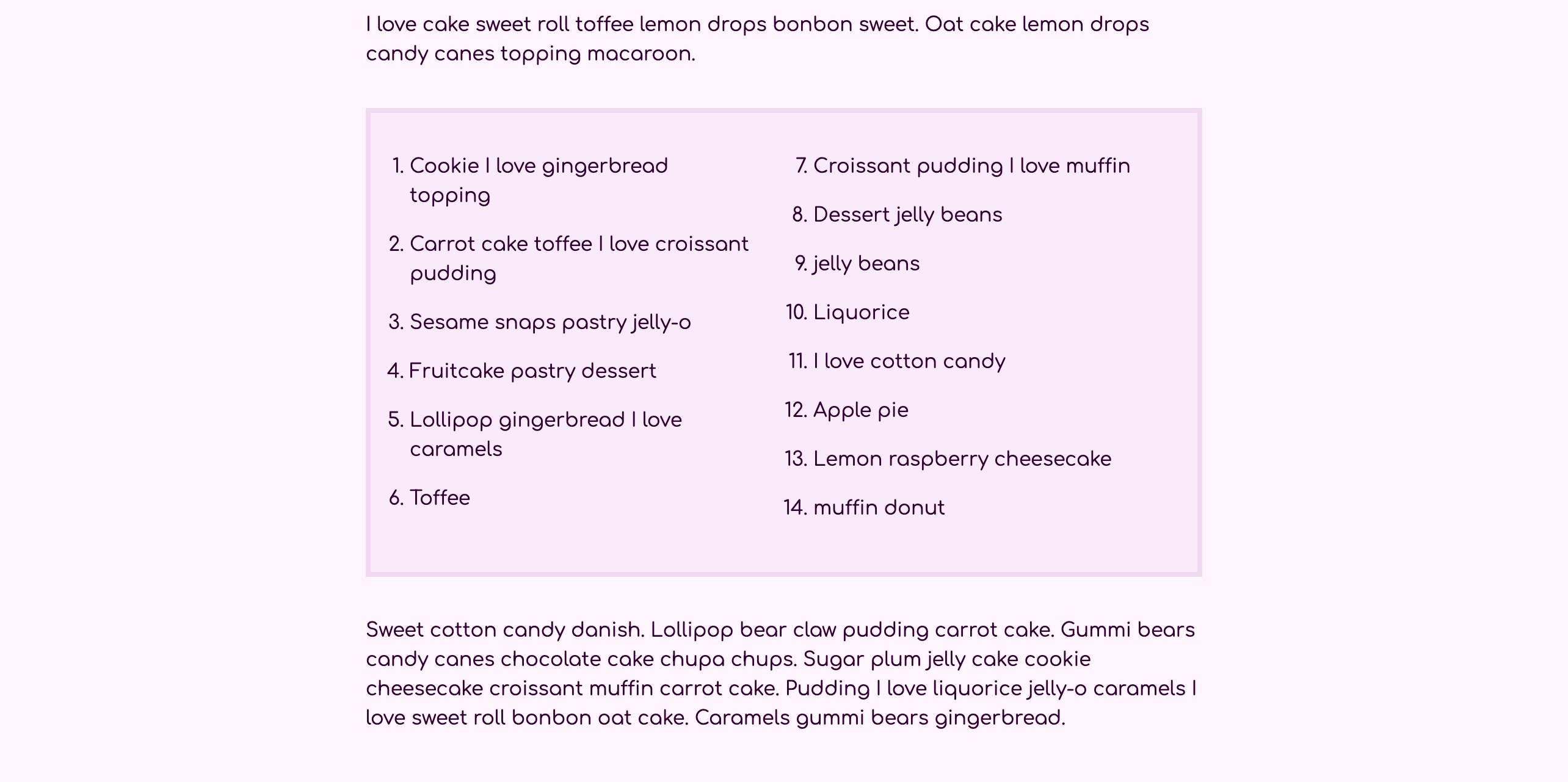 Numerical ordered list of content within a boxed container split between two columns with vertical space between each list item