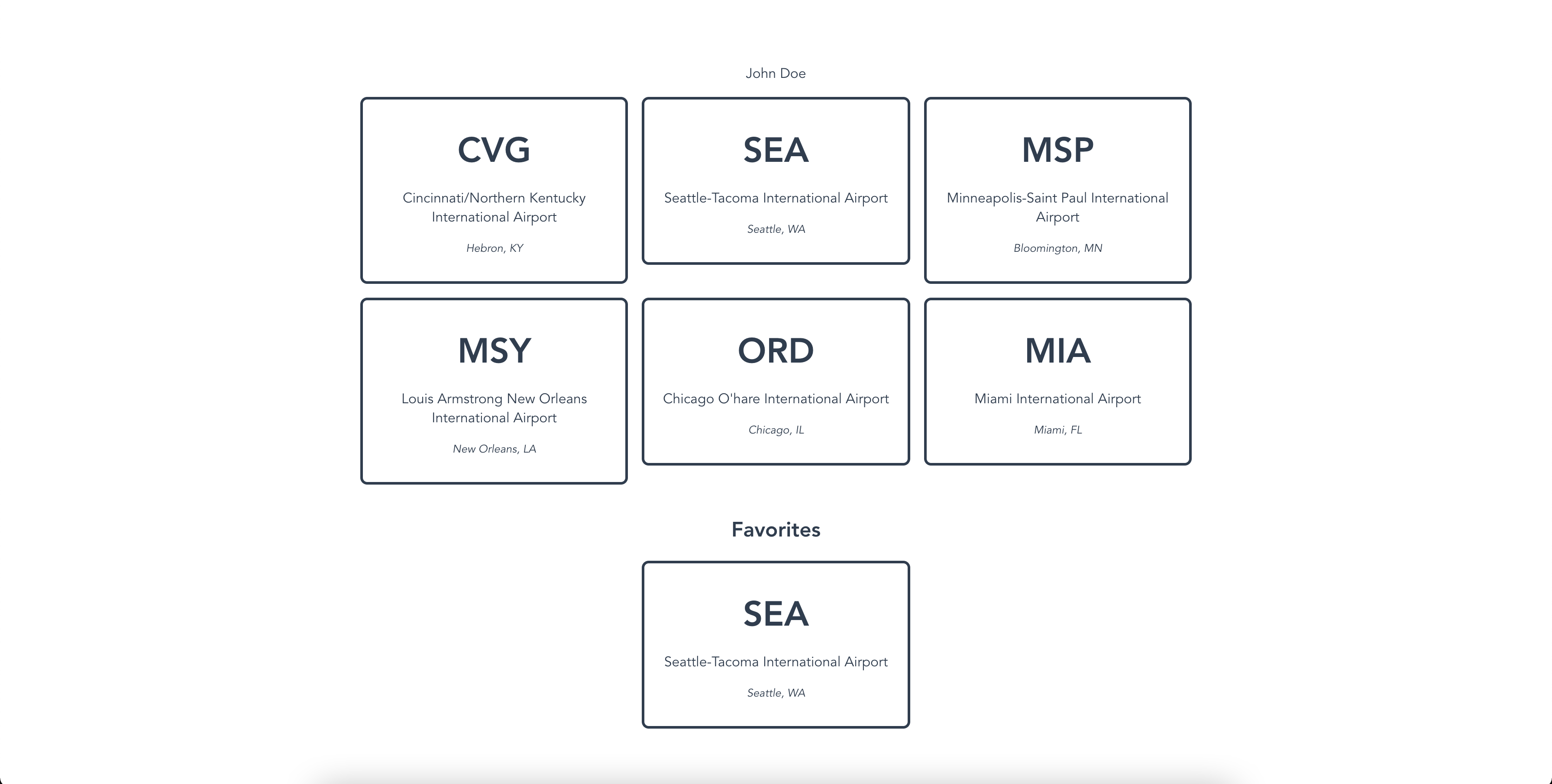 A favorite airport added to the favorite airports section after a Vuex mutation was executed.