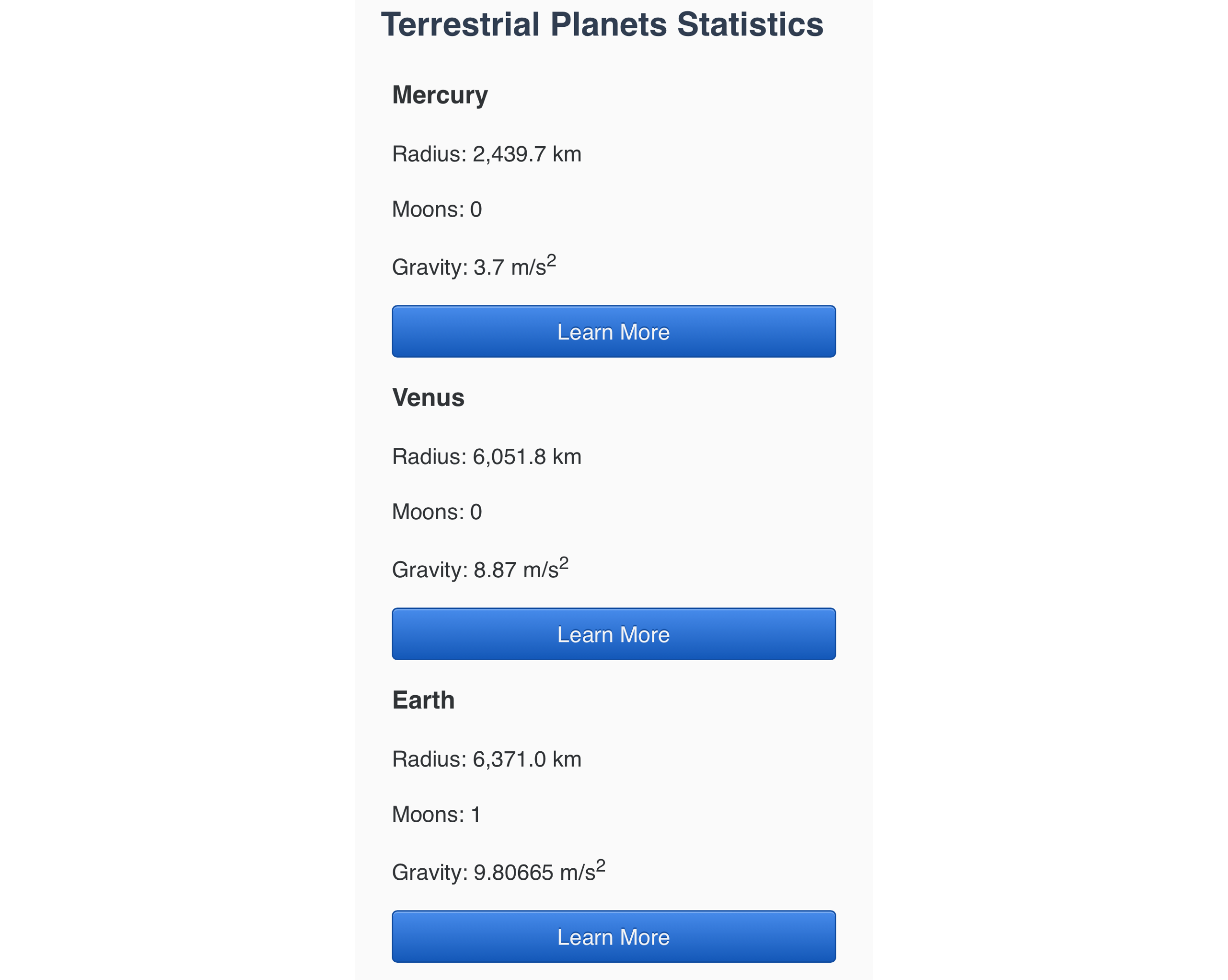 A series of bold heading text with contextual data information and a button for each group.