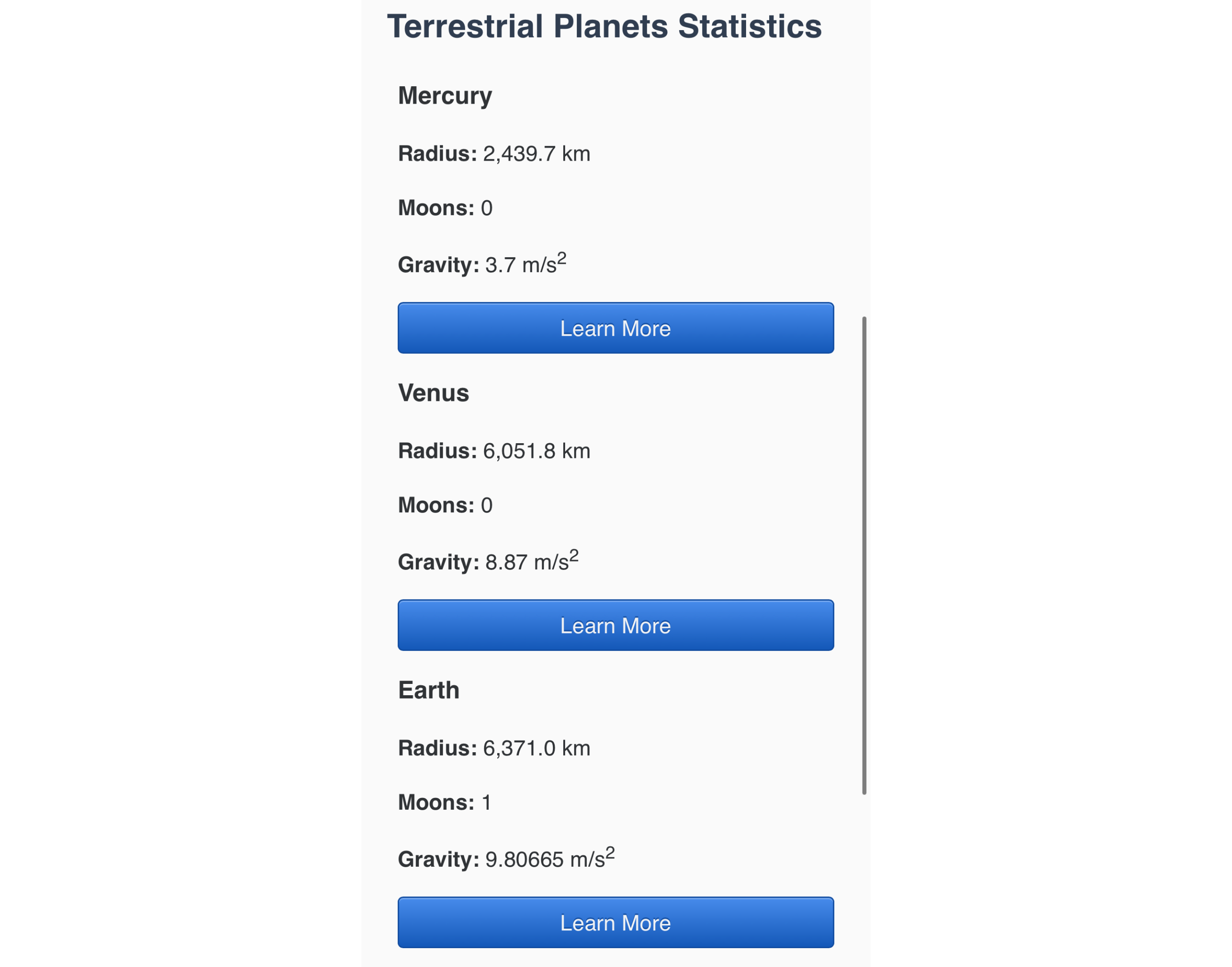 A series of bold heading text with bold contextual labels and data information and a button for each group.