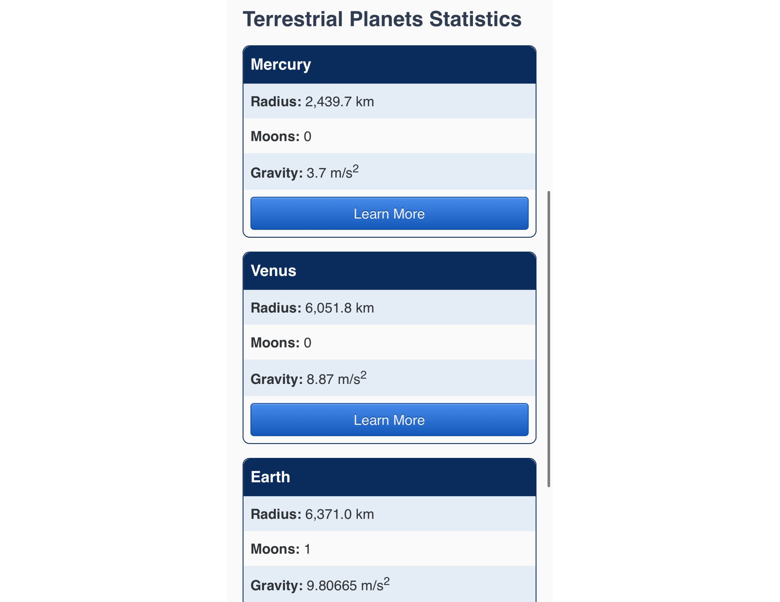 Groups of data blocks, with the header in white on a dark background, and data points in alternating rows of light blue and white background.