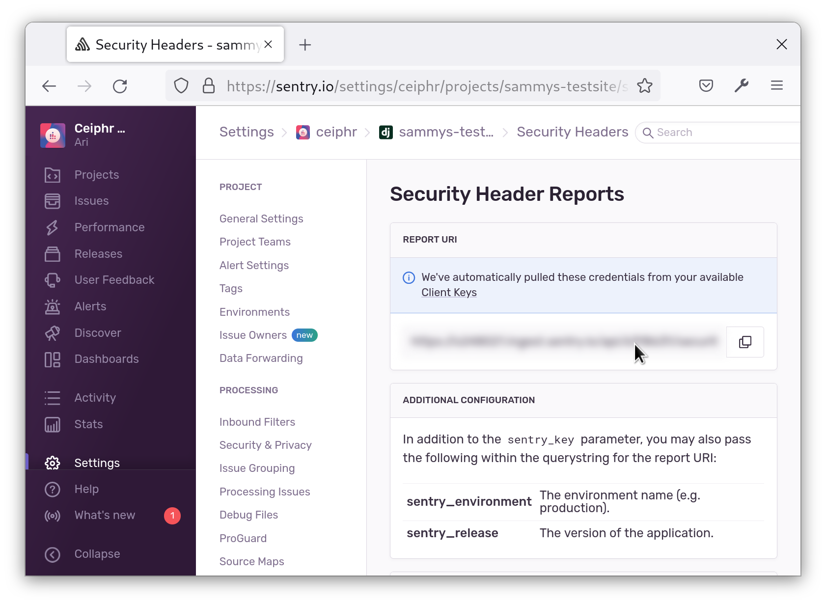 Screenshot showing Sentry UI for copying the report URI in project settings.