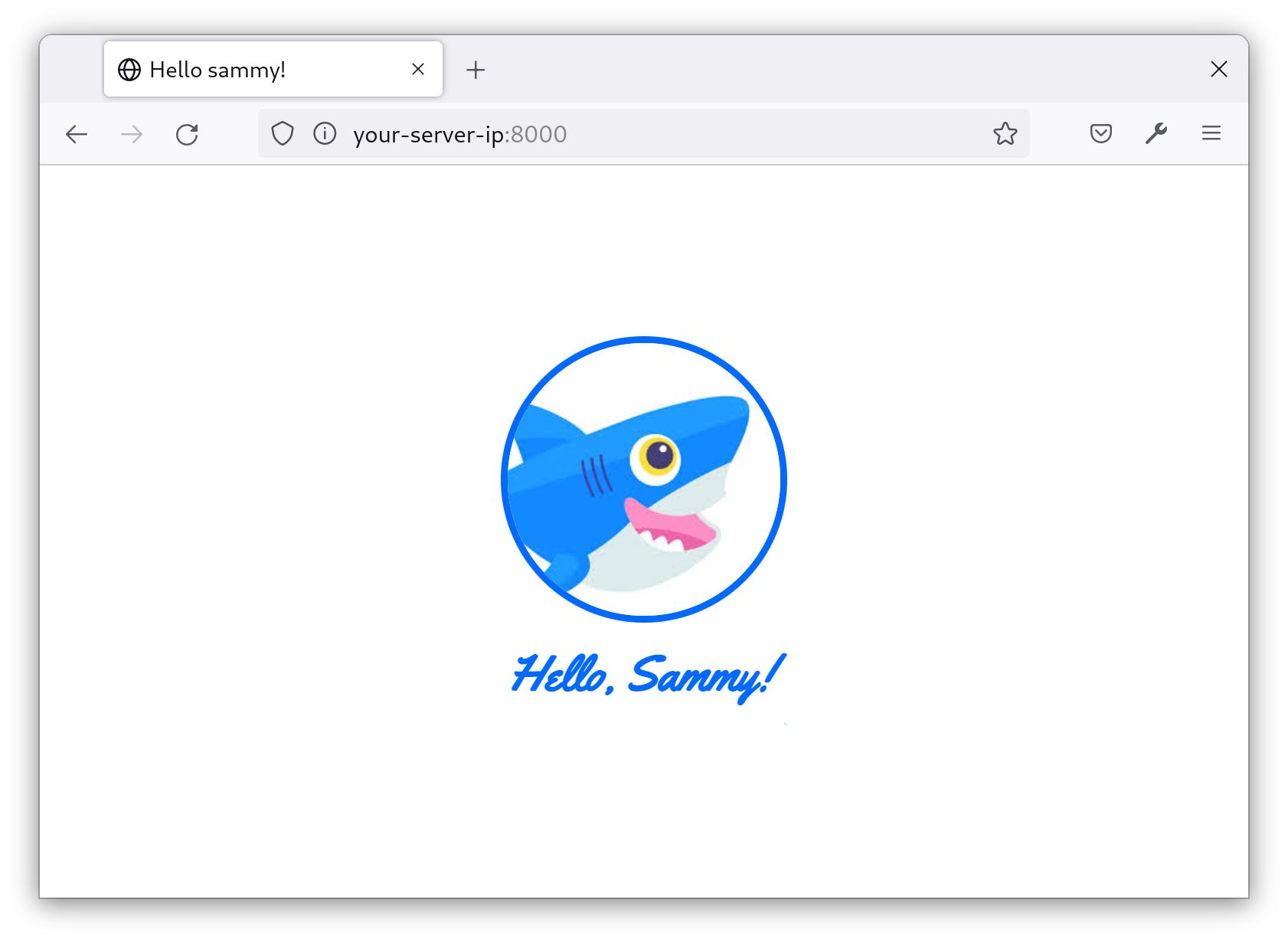 Screenshot of the basic view. An image of Sammy the Shark appears in a blue circle. Beneath the image, the text