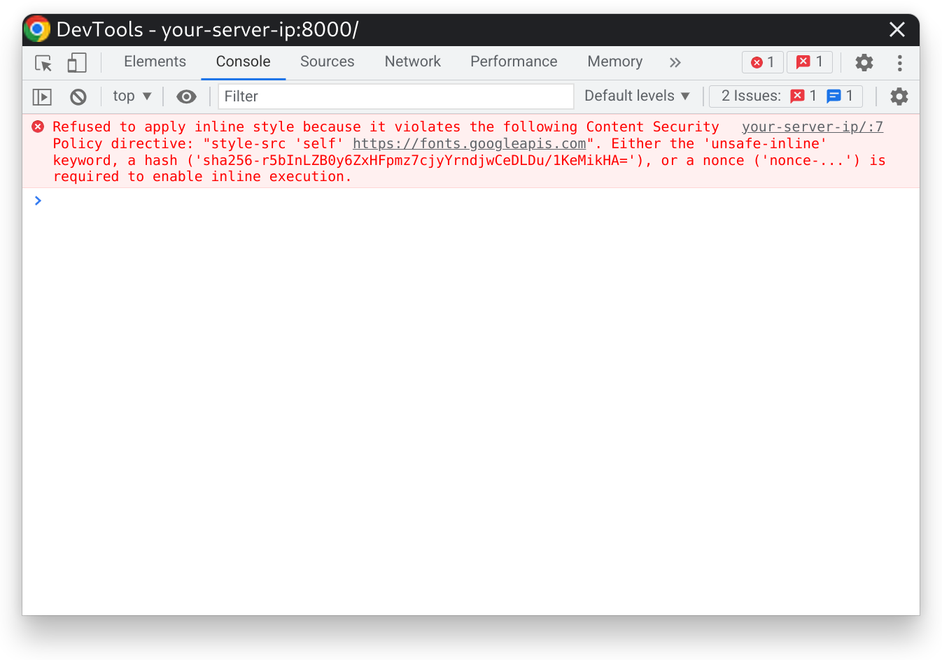 Screenshot of DevTools Error: "Refused to apply inline style because it violates the following Content Security Policy directive: "style-src 'self' https://fonts.googleapis.com". Either the 'unsafe-inline' keyword, a hash, or a nonce is required to enable inline execution."