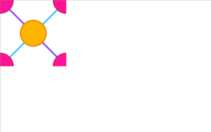 Orange circle connecting to four pink quarter circles via a purple and a blue line in the top left portion of the image.