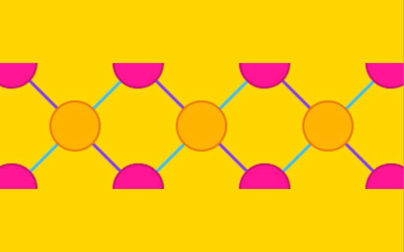 Repeating pattern across the center of the image consisting of orange circles and pink half circles connected by blue and purple lines on a yellow background