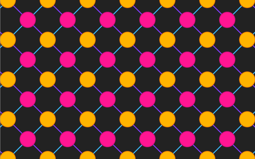 Repeating pattern along the top of the image consisting of orange and pink circles connected by blue and purple lines on a dark gray background