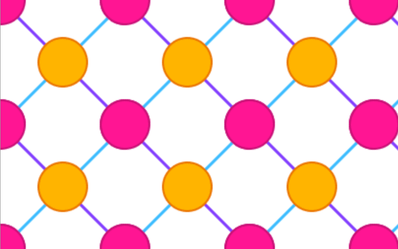 Repeating pattern of orange and pink circles connected by blue and purple lines on a white background.