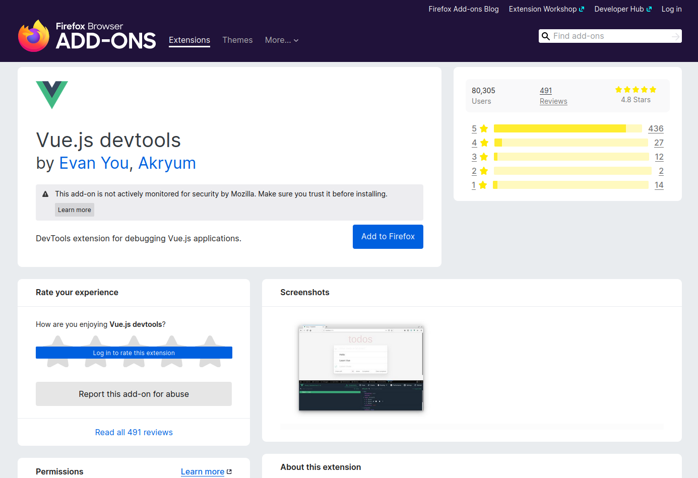 Vue.js Devtools page on the Firefox Add-Ons site, with rating information, a screenshot, and a blue button labeled "Add to Firefox".