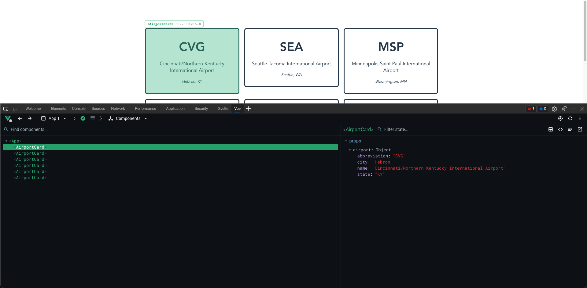 Vue Devtools with the first component selected in the listing view, the component's properties displayed in the detail view, and the component highlighted in the browser display.