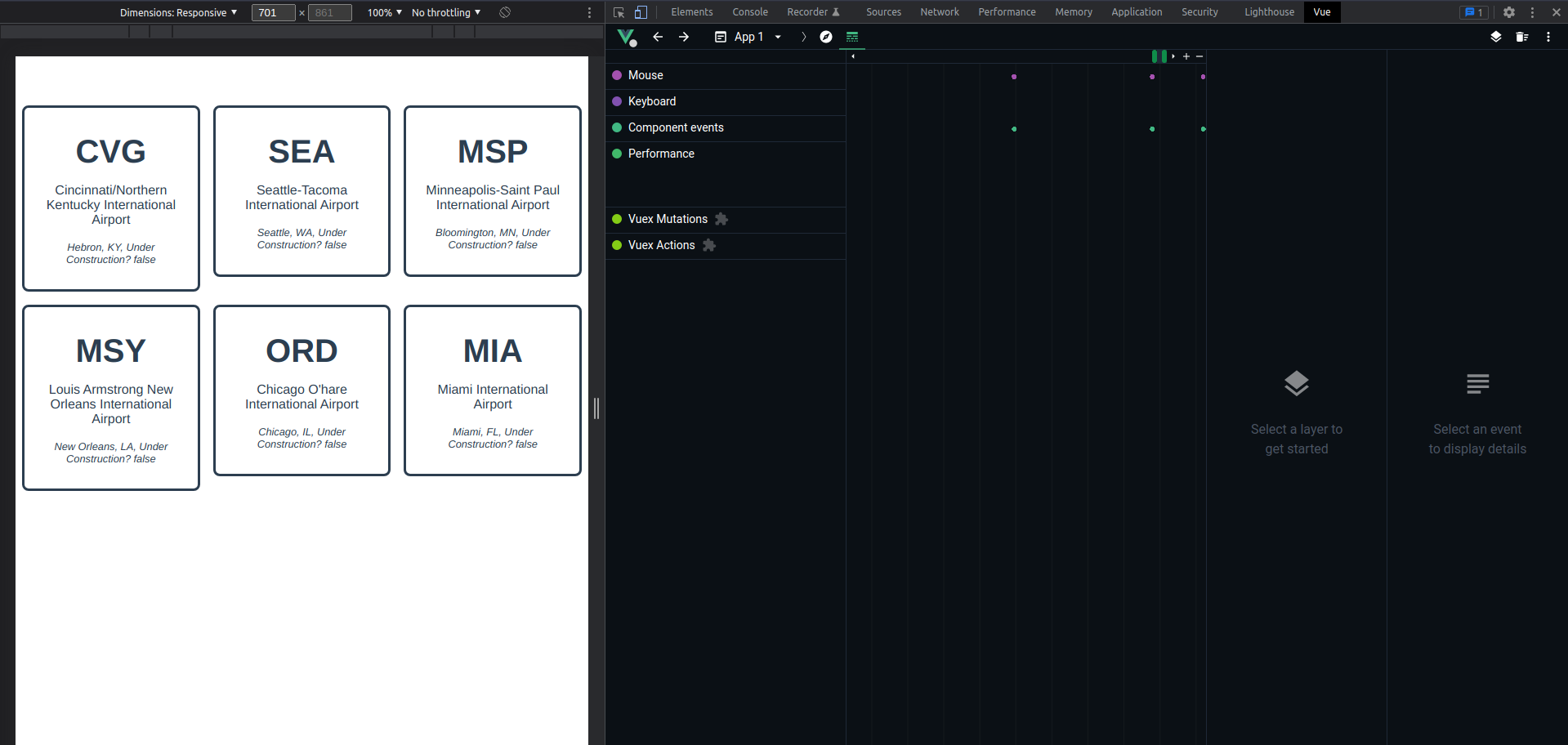 Vue Devtools event timeline view showing a series of purple and green dots in lines parallel to each other.