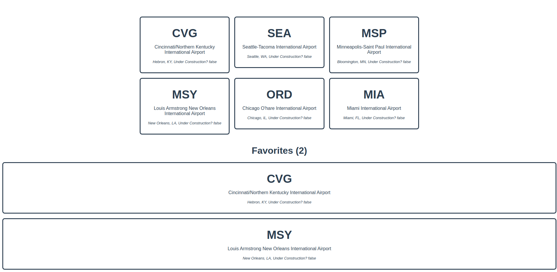 The Vue application rendered in a browser, with a list of favorite airports beneath the airport cards.