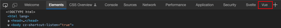 The Vue tab highlighted in the inspector window.