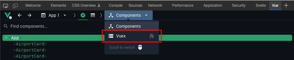 The Vuex dropdown in the Vue Devtools