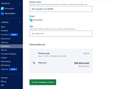 DigitalOcean Managed MongoDB create cluster - options