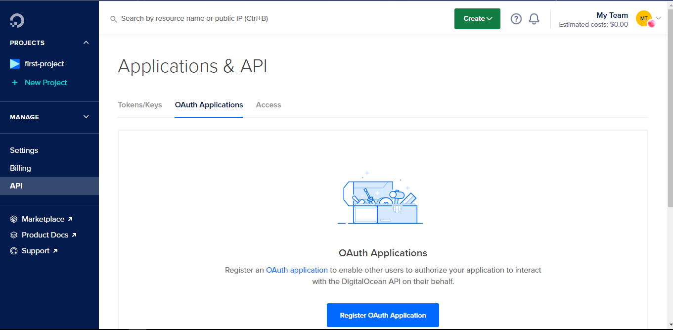 Registering an OAuth application on the Applications and API dashboard