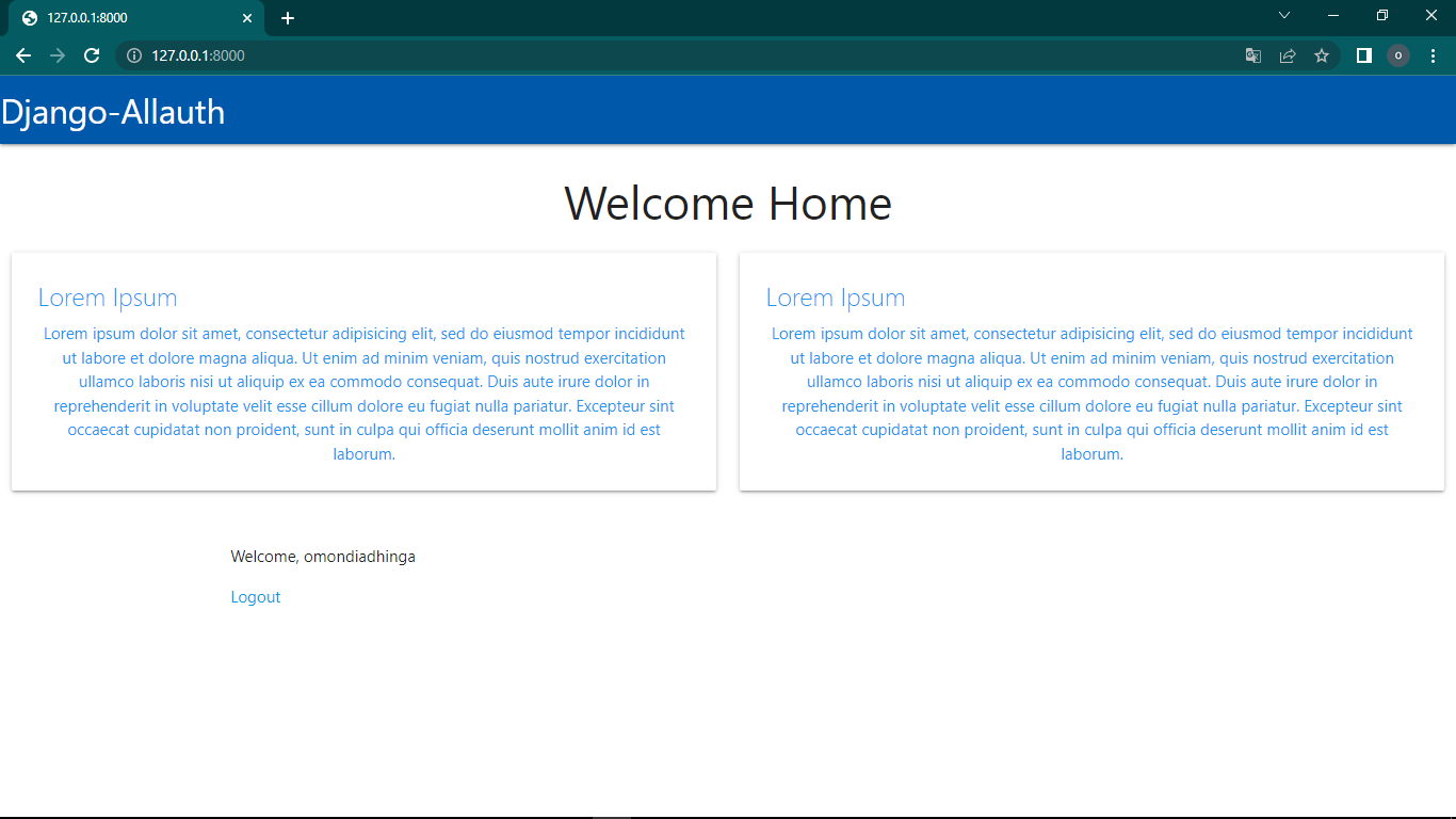 Screenshot showing Django homepage with successful login