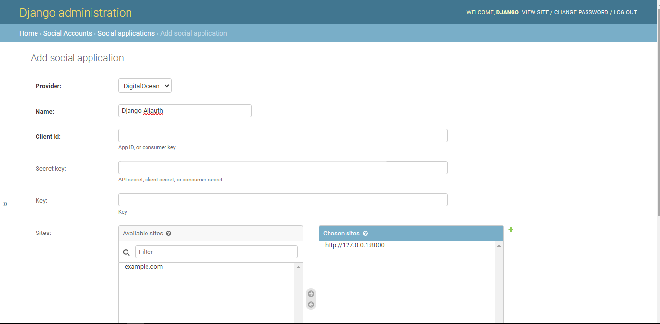 Adding a social application via the Django admin panel