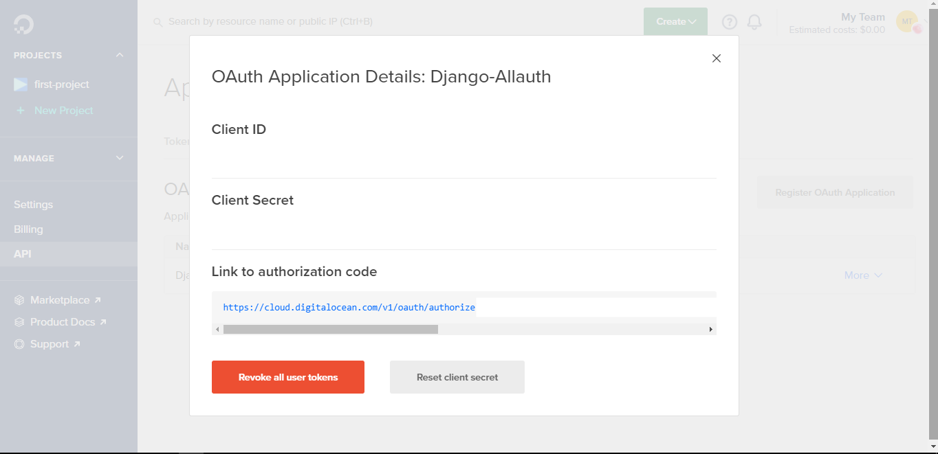 Screenshot showing OAath Application details