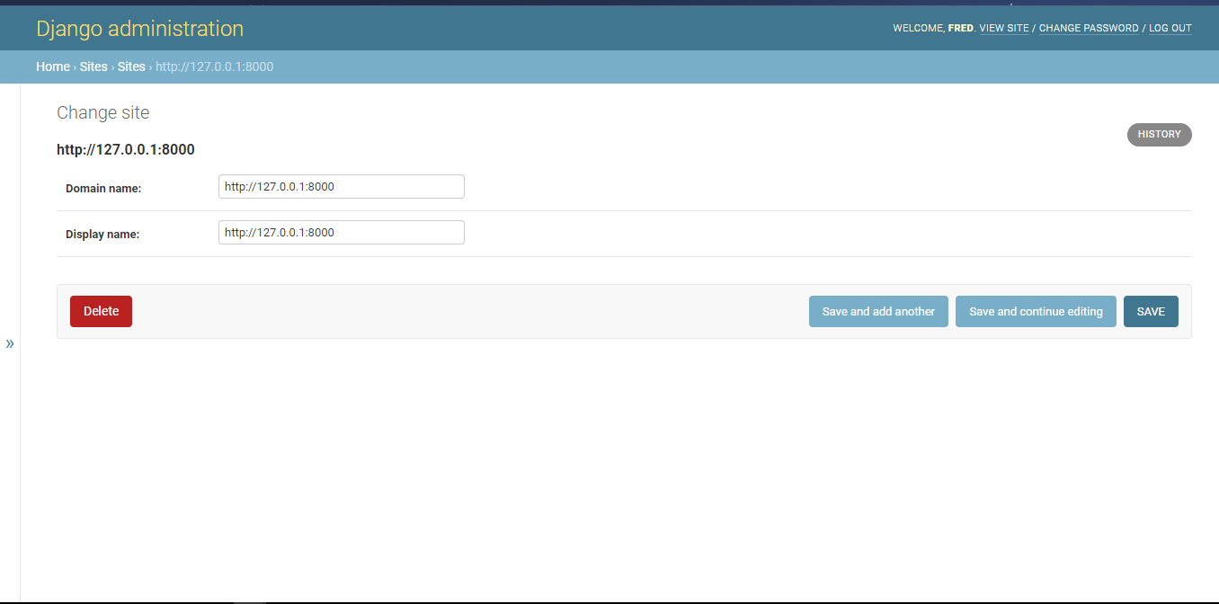 Adding a site via the Django admin panel