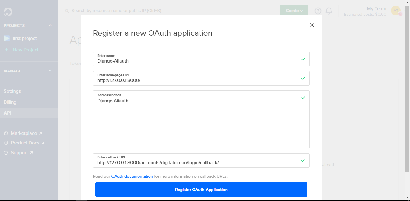 Registering a new OAuth application information pop-up