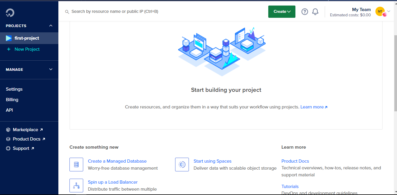 Screenshot showing DigitalOcean Cloud account dashboard