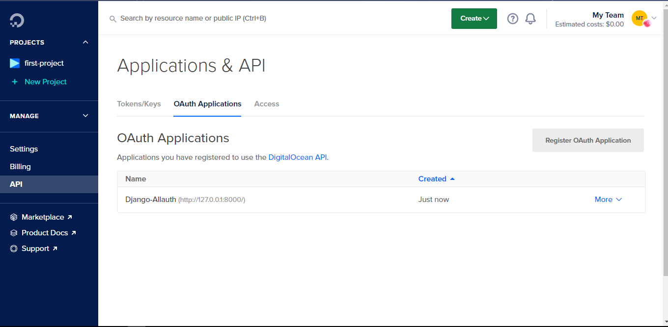 OAth application registered on DO account