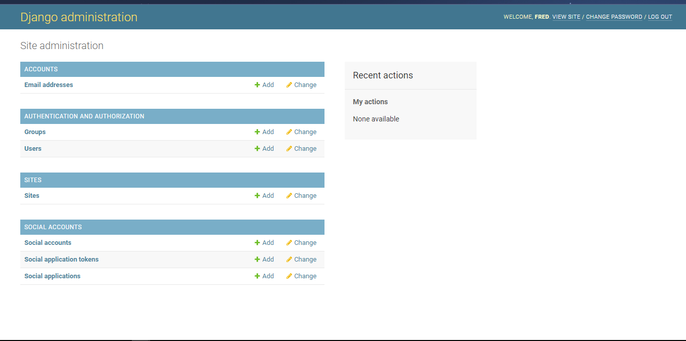 Screenshot showing Django admin dashboard