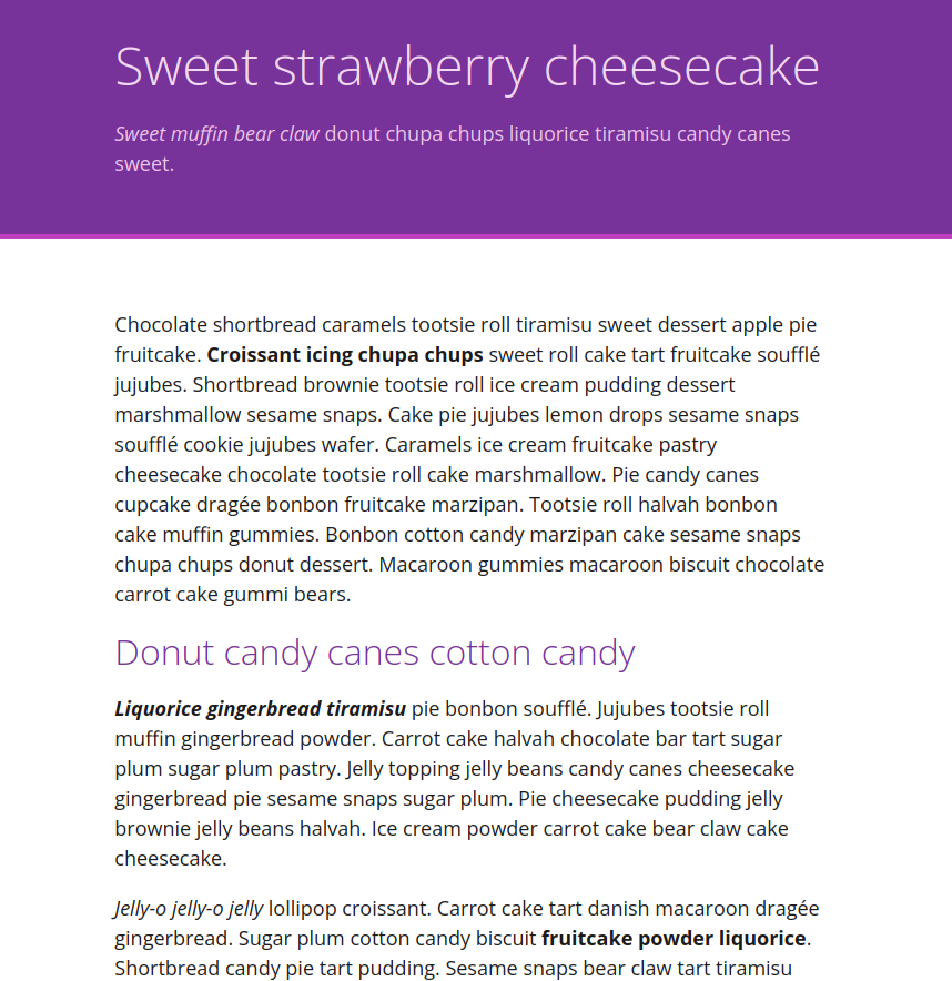 Large purple block with white text in a sans-serif font inside. Below are several paragraphs of sans-serif text in a dark gray with purple thin sans-serif headings.