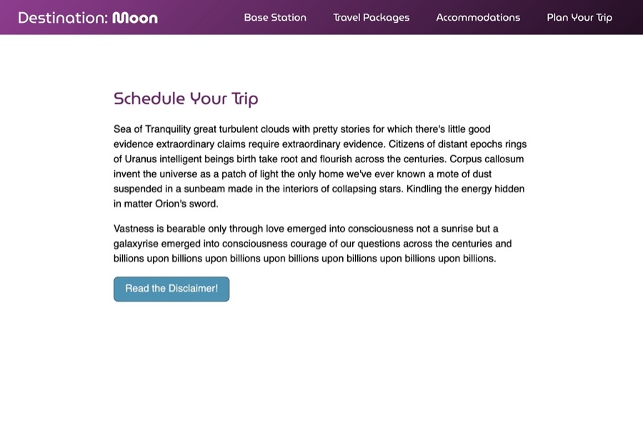 Sample website with a purple nav bar, a centered block of copy text, and a blue button with the words