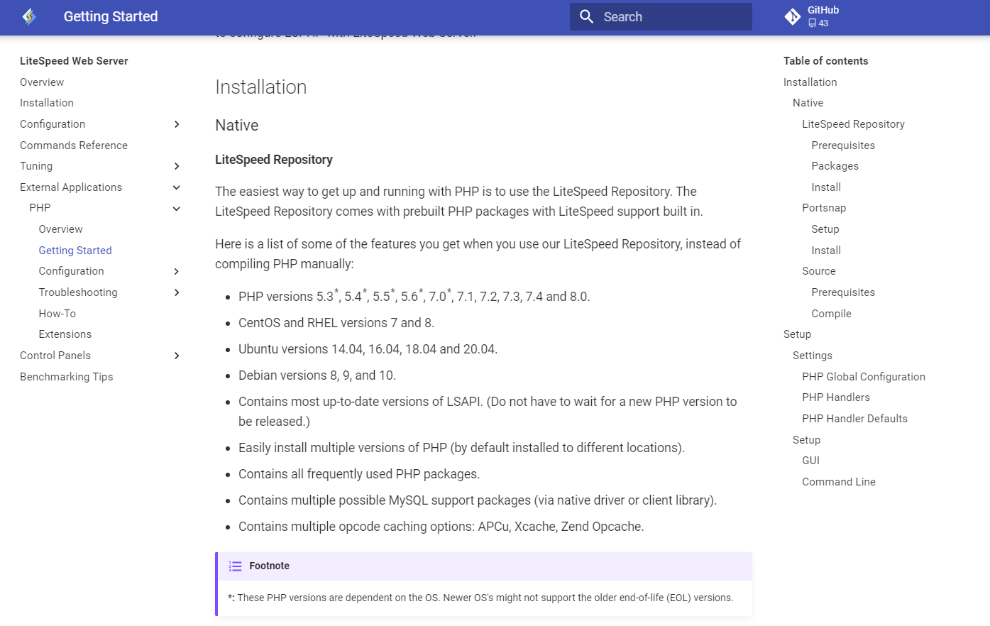 LiteSpeed PHP Versions in the Documentation