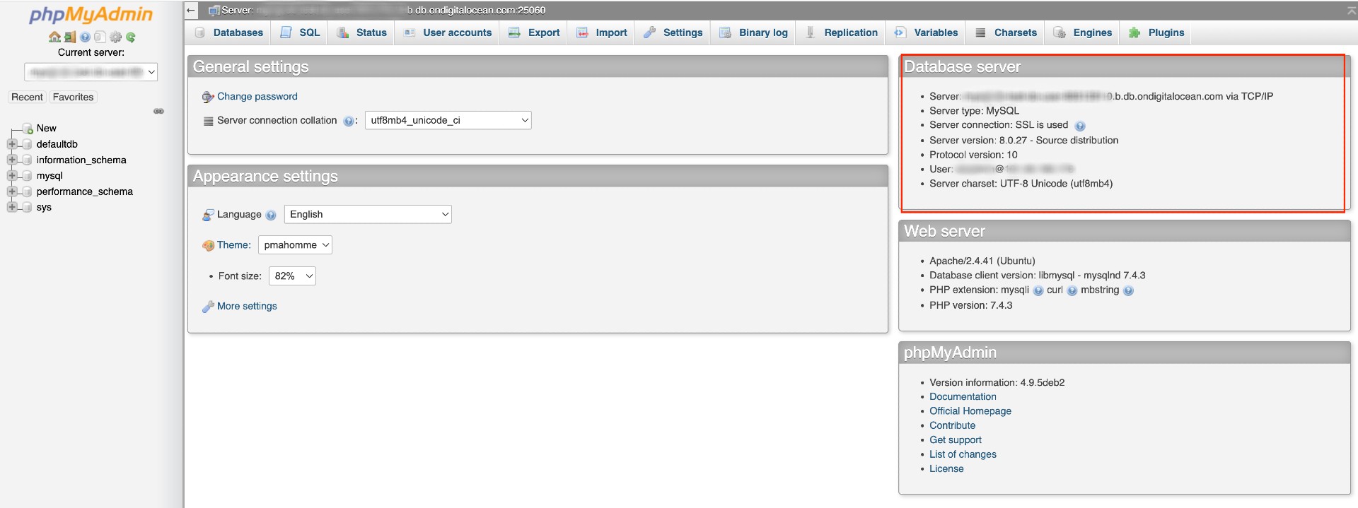 phpMyAdmin MySQL Managed Database page