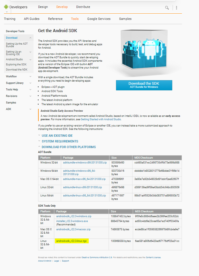 Download for Other Platforms -> SDK Tools only -> Linux