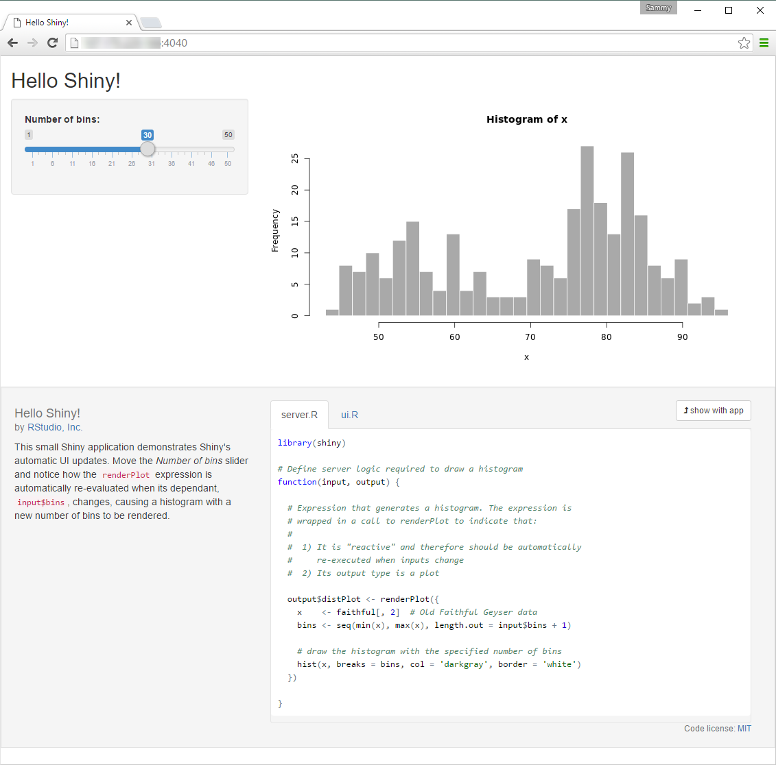 Screenhot of Shiny's 01-Hello example