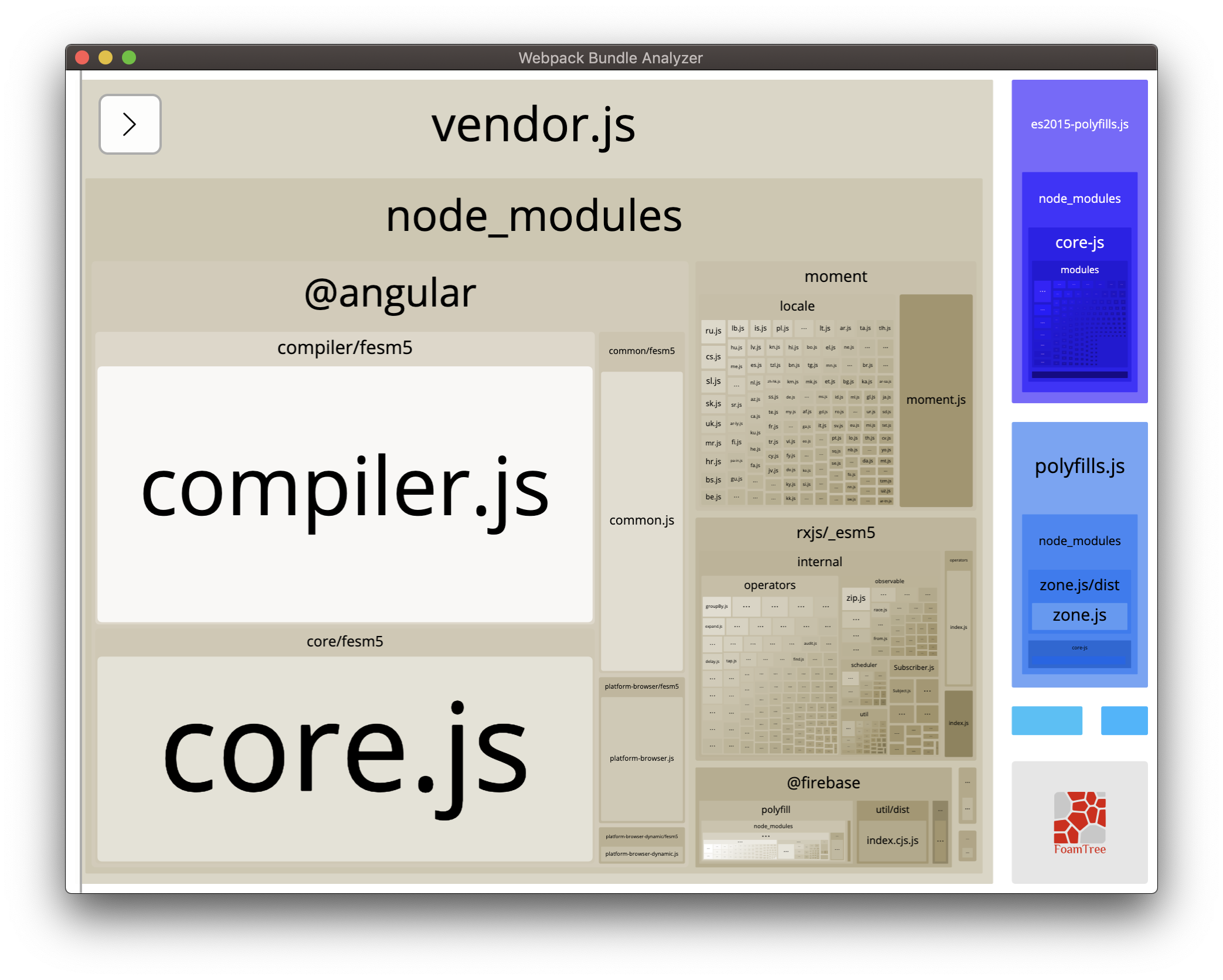 A second screenshot of webpack Bundle Analyzer analysis. The relative size of the boxes for Firebase modules are smaller than before.