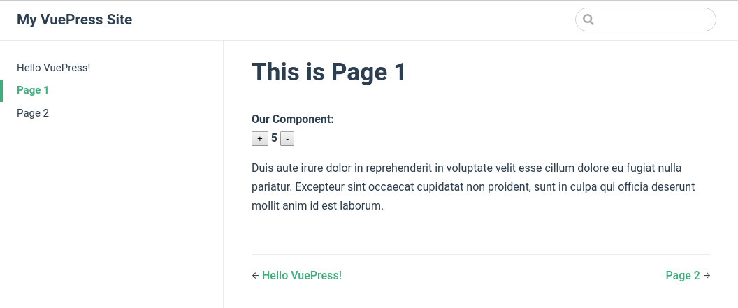 A VuePress post with an embedded Vue component. The sidebar and navbar are enabled.