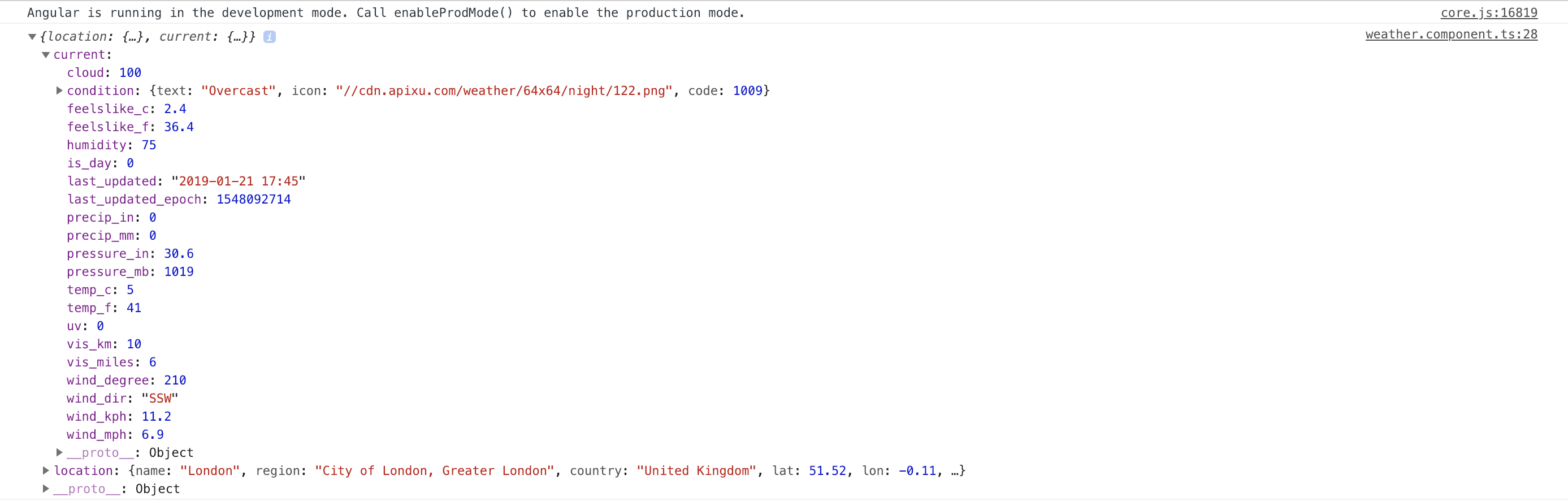 Console output from looking for current weather in London, UK