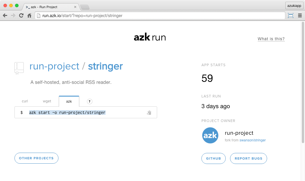 Command to run the Stringer app using azk: azk start -o run-project/stringer