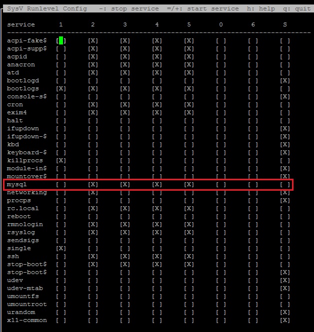 sysv-rc-conf Window showing X marks for various services for each runlevel