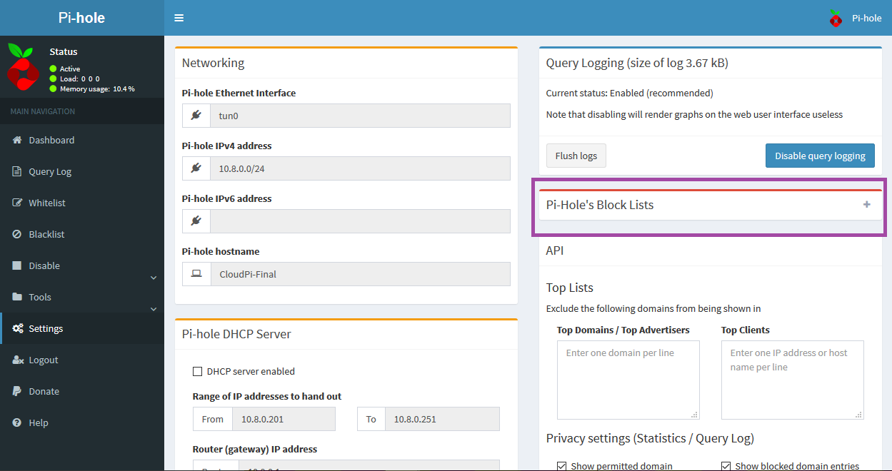 Web Interface Adding Additional Block Lists