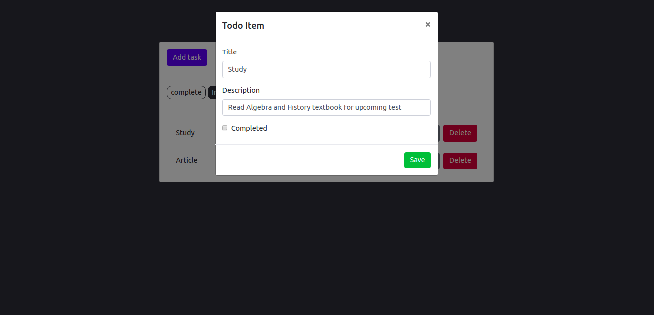 Screenshot of the Modal component displaying a new task with a title of - Study - and a description of - Read Algebra and History textbook for the upcoming test