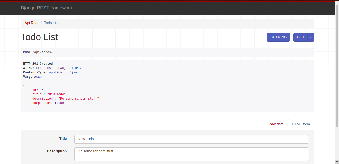 Screenshot of the API response for a successful Todo item creation.