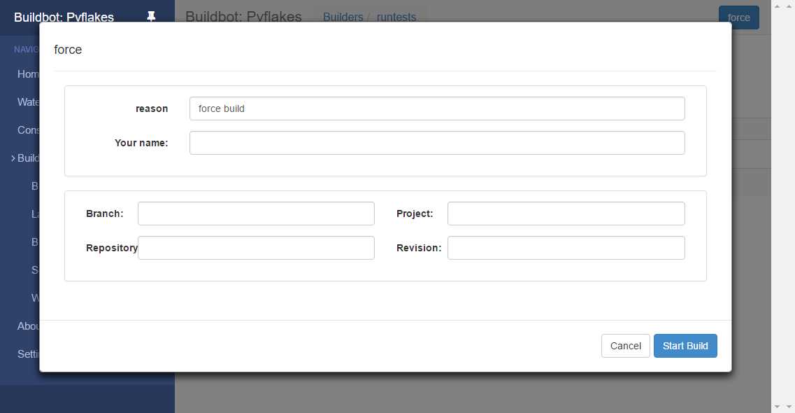Screenshot of Buildbot's force build popup