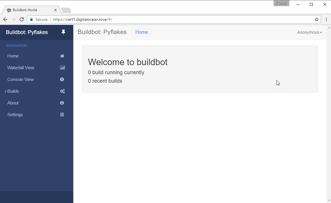 Screenshot of Buildbot home page with secure URL